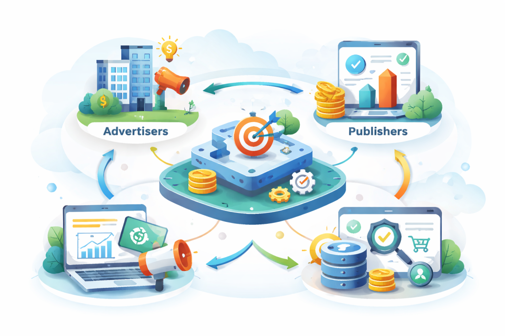 Affiliate marketing network connecting advertisers and publishers through a digital platform.