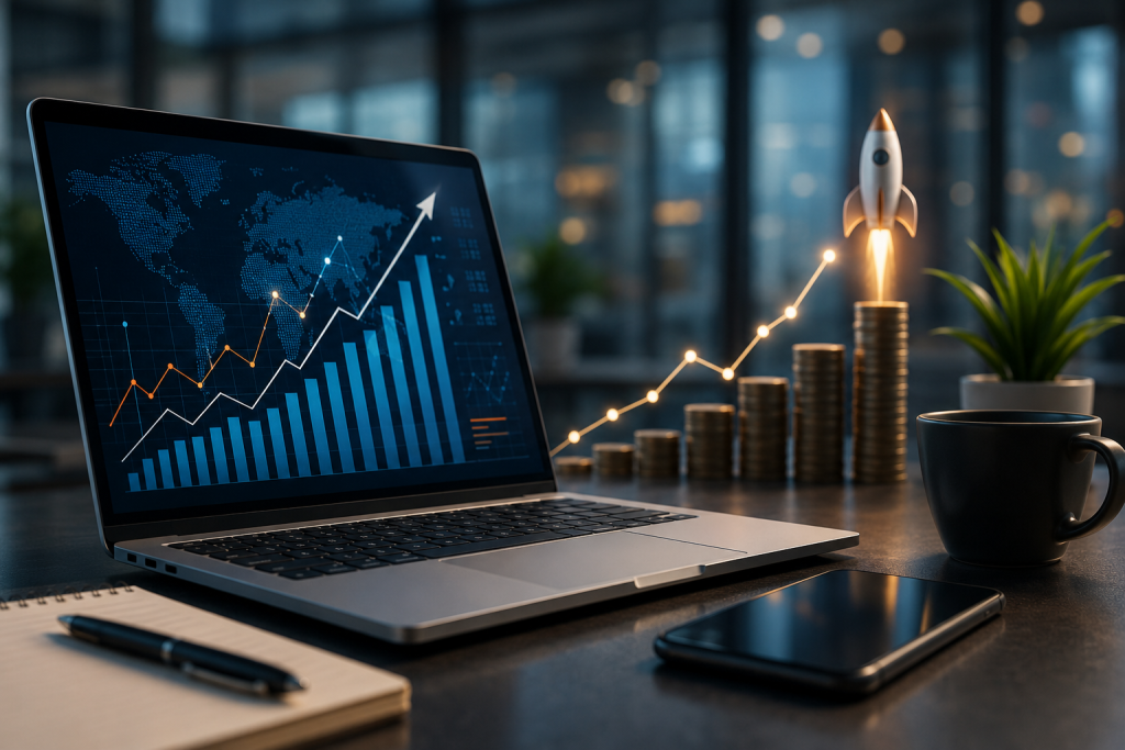 Laptop showing growth analytics charts on a modern office desk with business scaling visuals.
