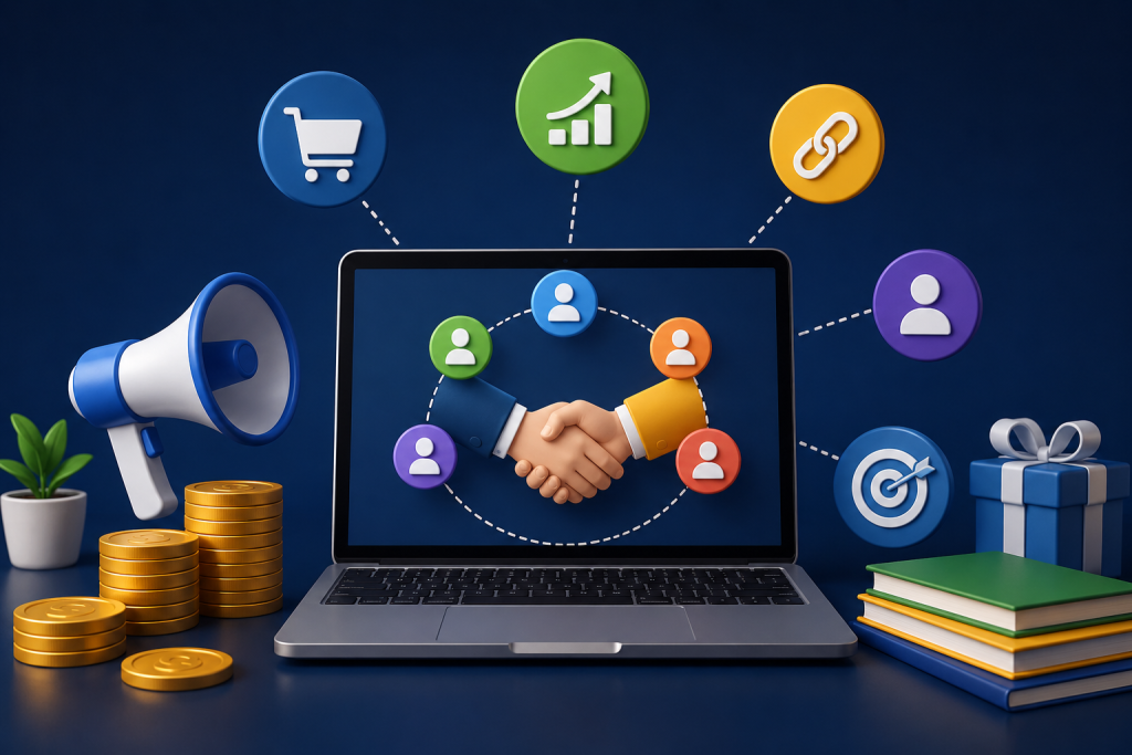 Affiliate network in India illustration showing digital partnerships, marketing connections, and online commission growth.