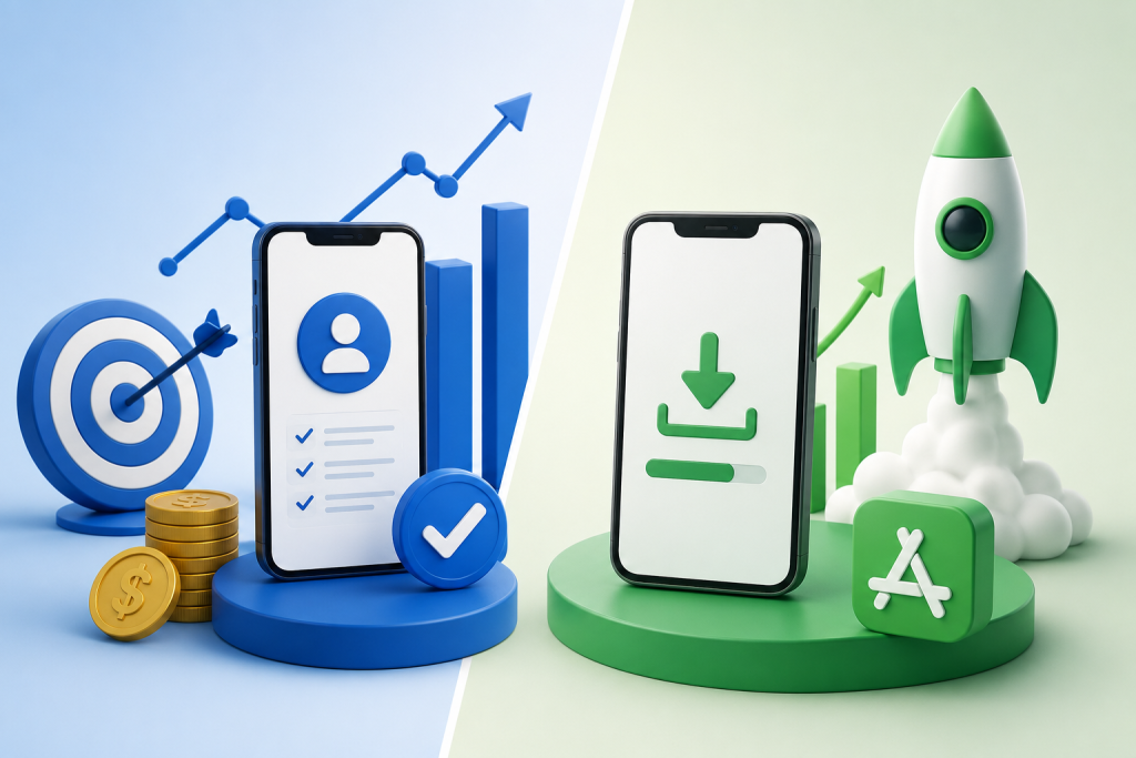 CPA vs CPI affiliate marketing illustration showing app growth, user acquisition, and performance marketing strategies.