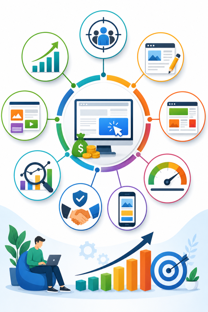 Modern cpc affiliate marketing infographic showing website optimization, audience targeting, analytics, mobile performance, growth, and revenue icons.