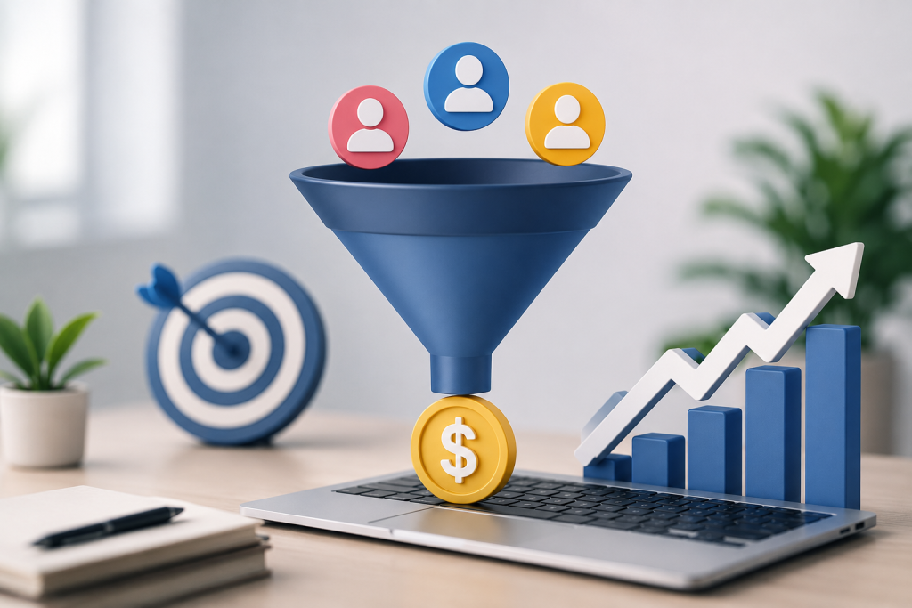 Affiliate marketing conversion funnel with rising revenue chart.