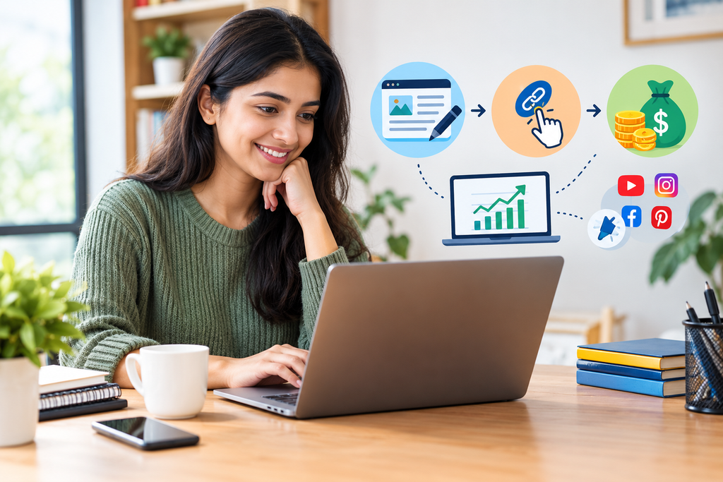 Beginner affiliate marketer exploring content creation, referral links, and online earnings.