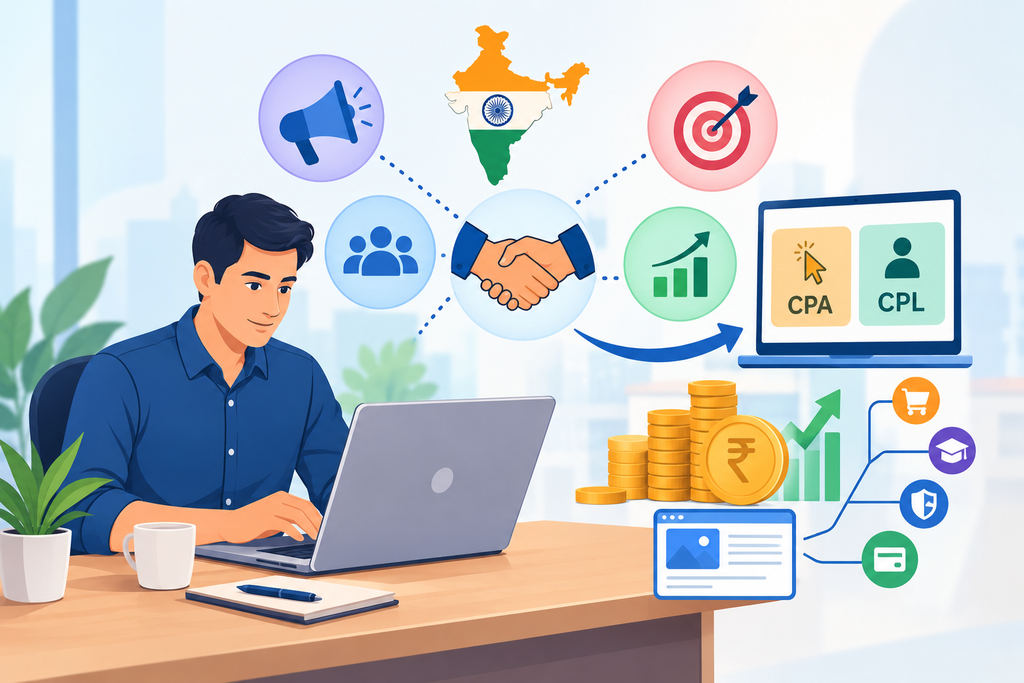 Indian affiliate marketing illustration showing CPA and CPL campaigns, performance tracking, targeted traffic, and revenue growth.